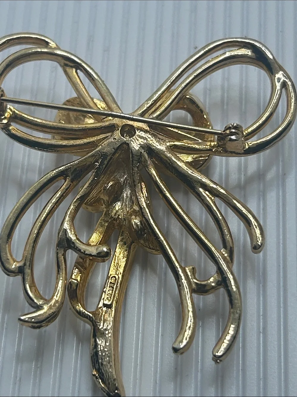 Gold and Silver Ribbon Bow Brooch with Crystals